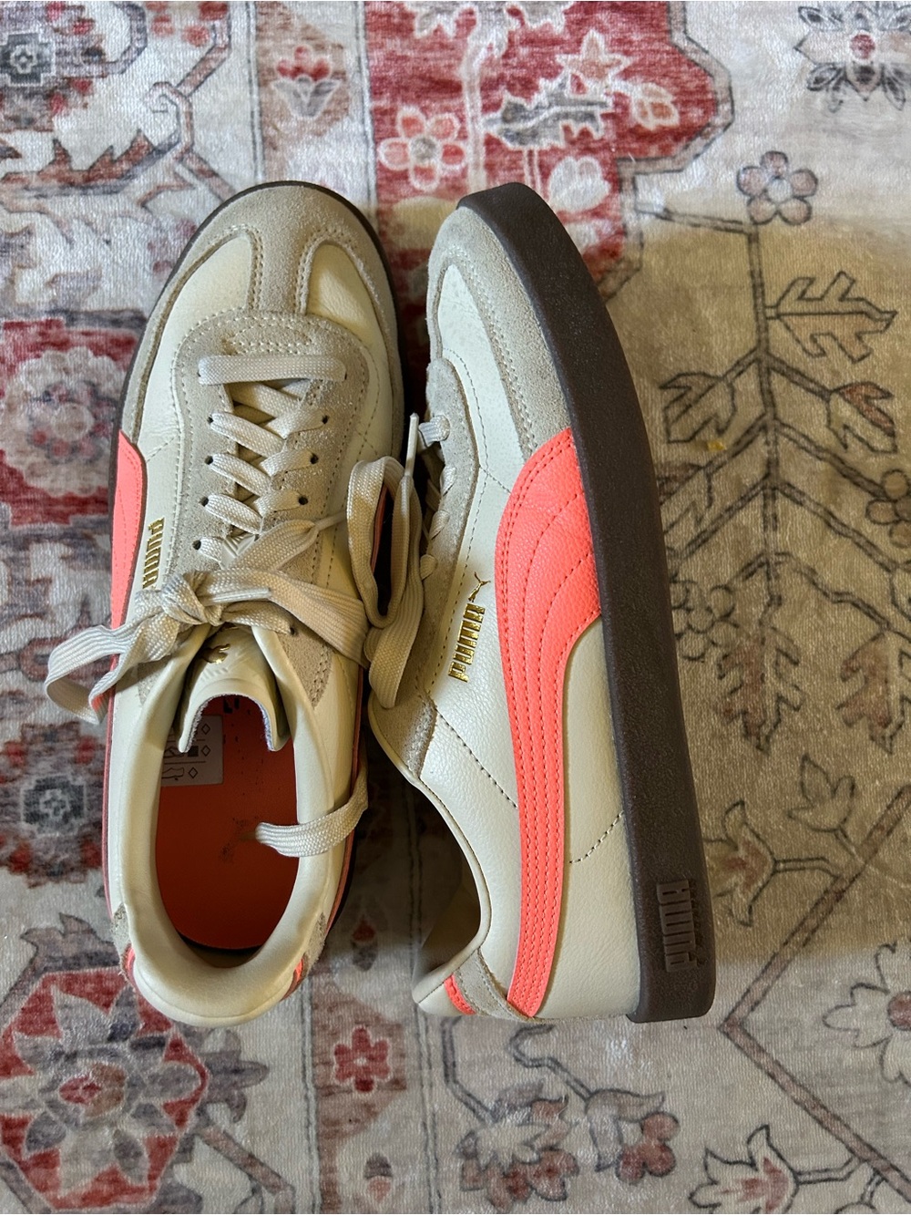 Puma Cream Sneakers with Coral Side Stripe and Brown Sole